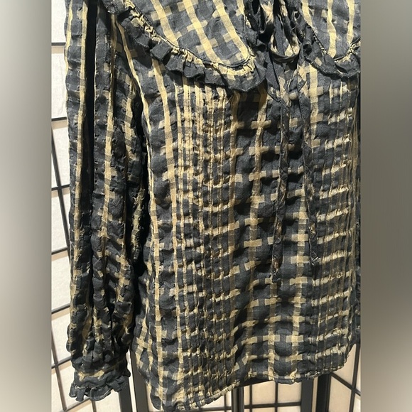 Topshop Black and khaki GINGHAM PLAID, PETER PAN RUFFLE COLLAR  TOP US SIZE 6 - Picture 7 of 9
